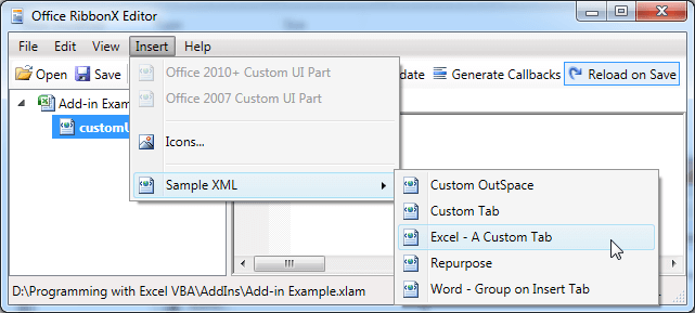 插入 Excel 自定义选项卡示例